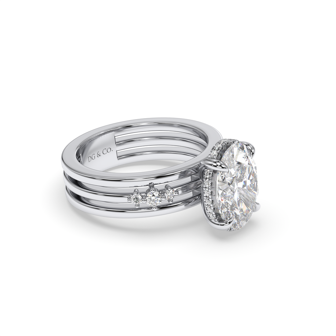 Carma Oval Cut Triple Band Hidden Halo Round Cut Side Stone Share Prong Setting Diamond Engagement Ring - 18K White