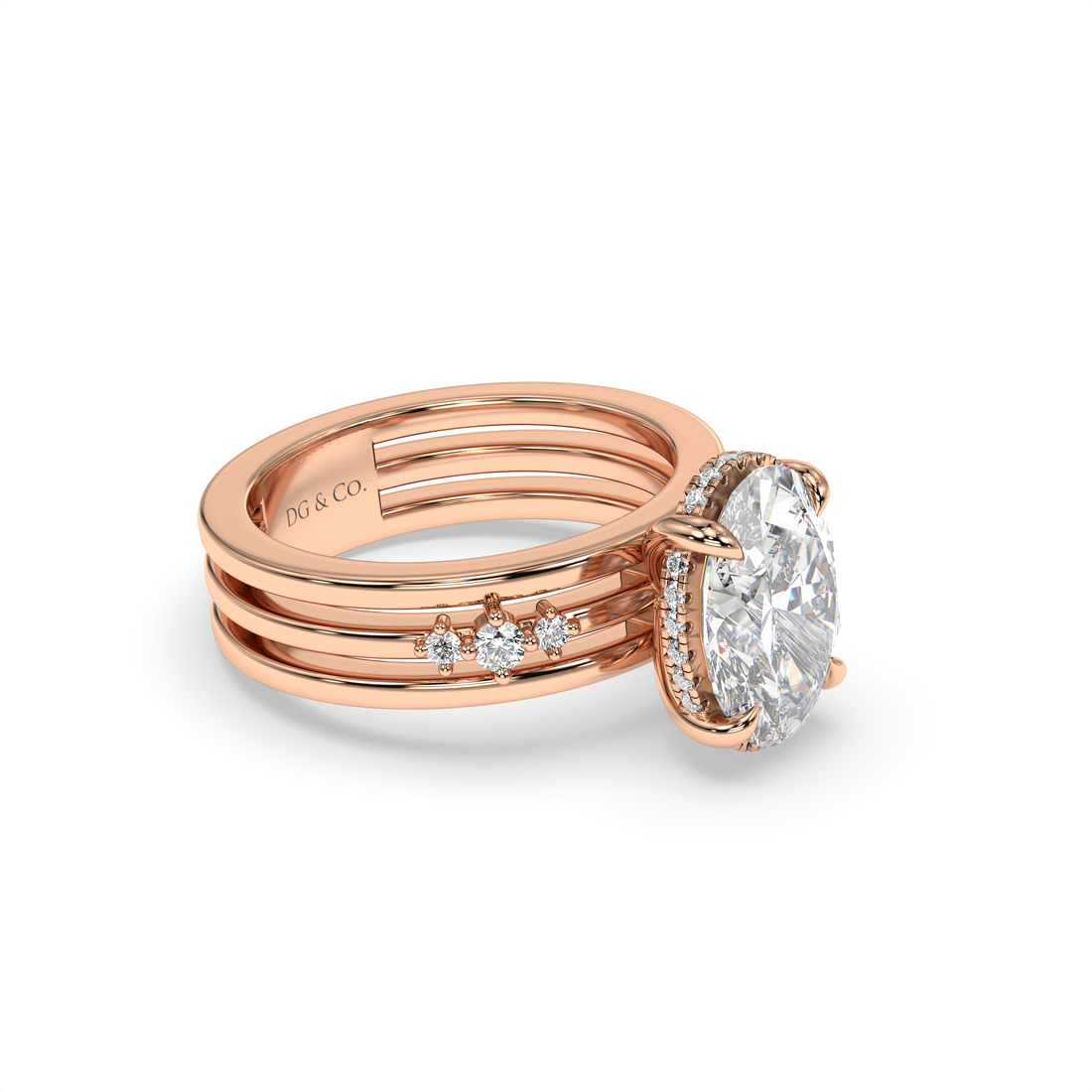 Carma Oval Cut Triple Band Hidden Halo Round Cut Side Stone Share Prong Setting Diamond Engagement Ring - 18K Rose