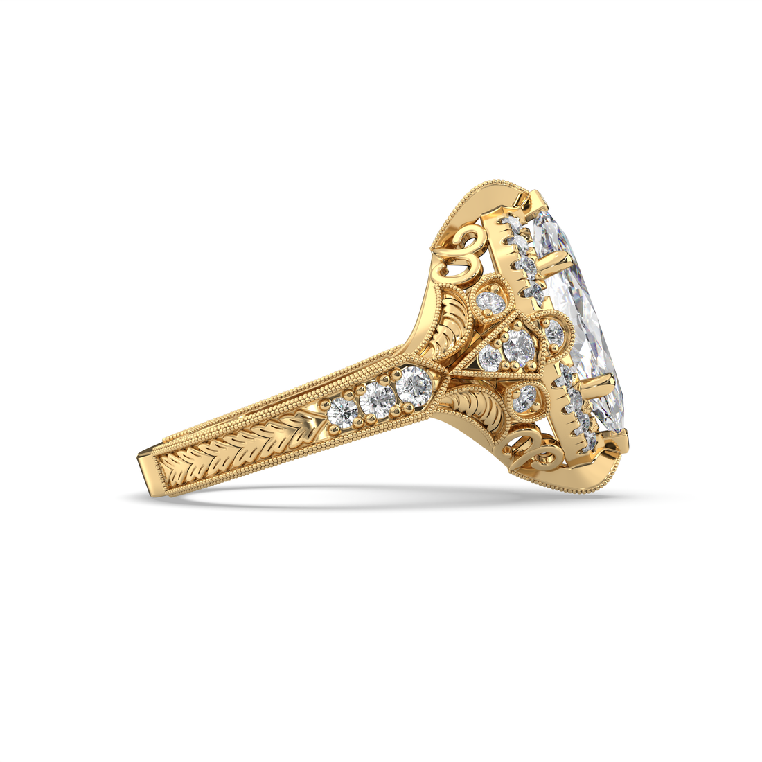 Prety Antiques Style Marquise Cut Filigree Work Hand Engraved Diamond Engagement Ring - 18K Yellow