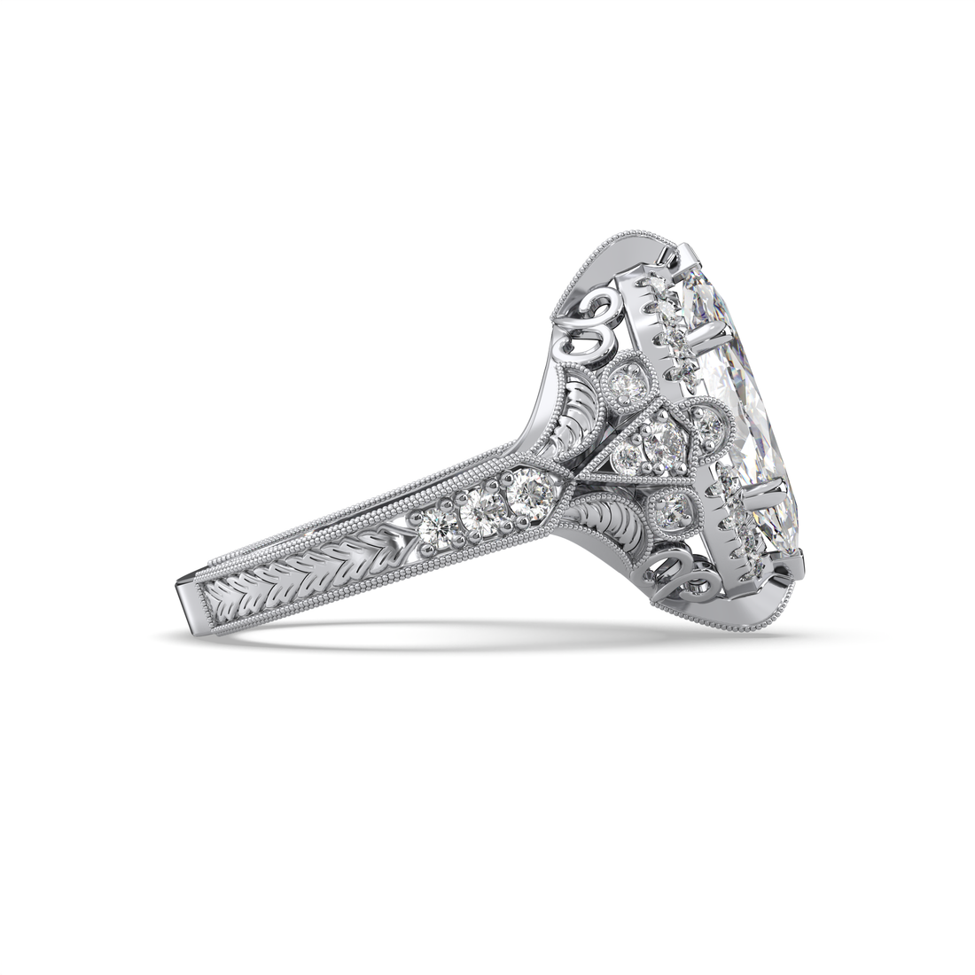 Prety Antiques Style Marquise Cut Filigree Work Hand Engraved Diamond Engagement Ring - 18K White
