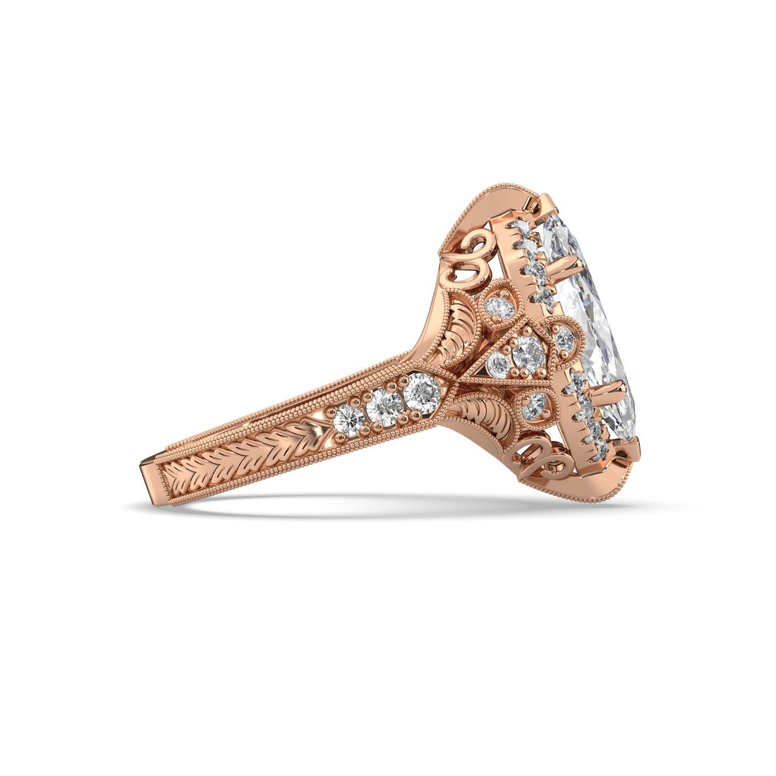 Prety Antiques Style Marquise Cut Filigree Work Hand Engraved Diamond Engagement Ring - 18K Rose