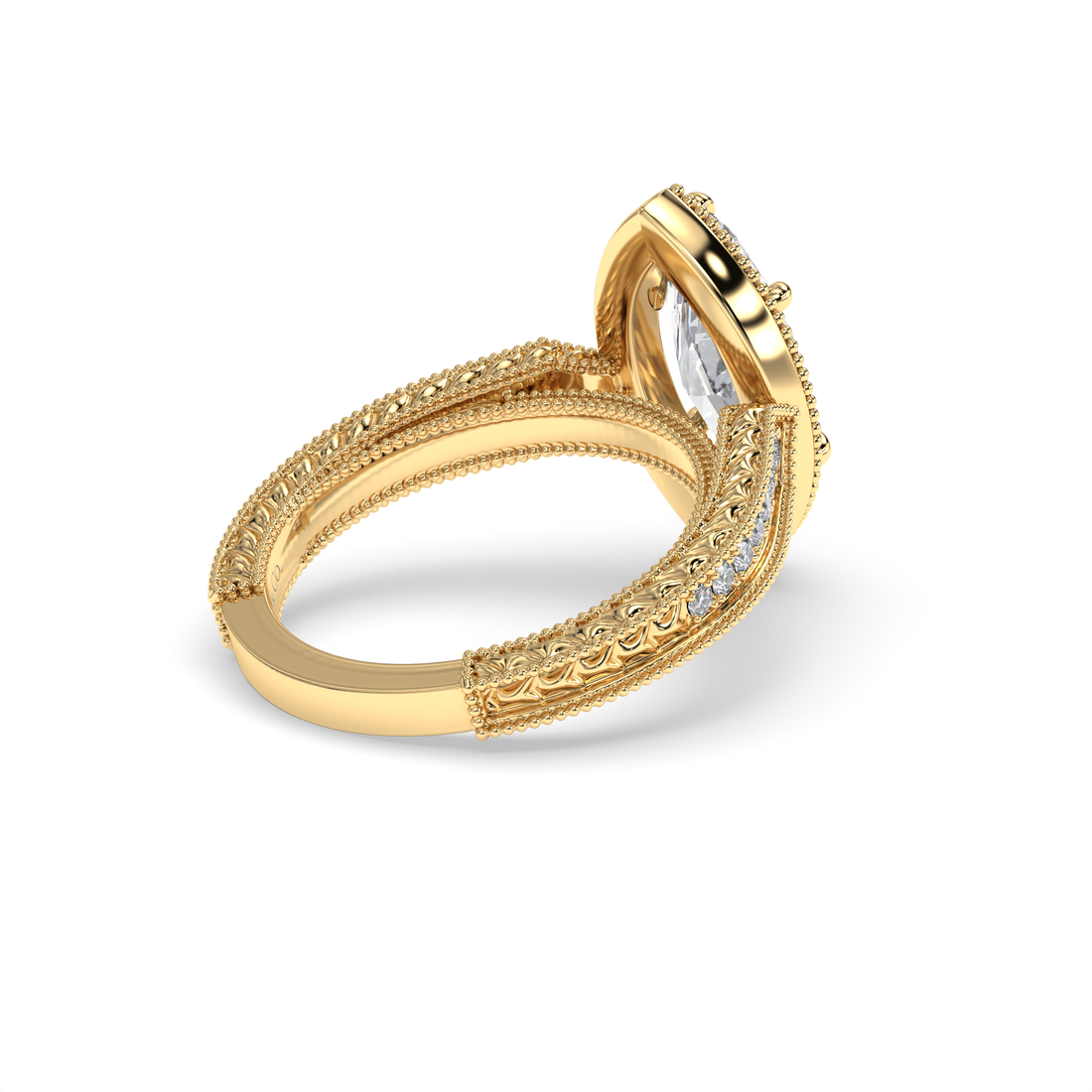 Art deco Marquise Cut Antique and  Cathedral Style Milgrain Six Claw Setting Diamond Engagement Ring - 18K Yellow