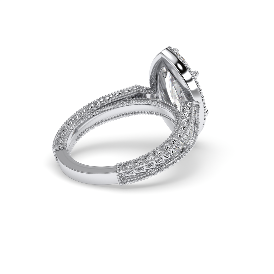 Art deco Marquise Cut Antique and  Cathedral Style Milgrain Six Claw Setting Diamond Engagement Ring - 18K White