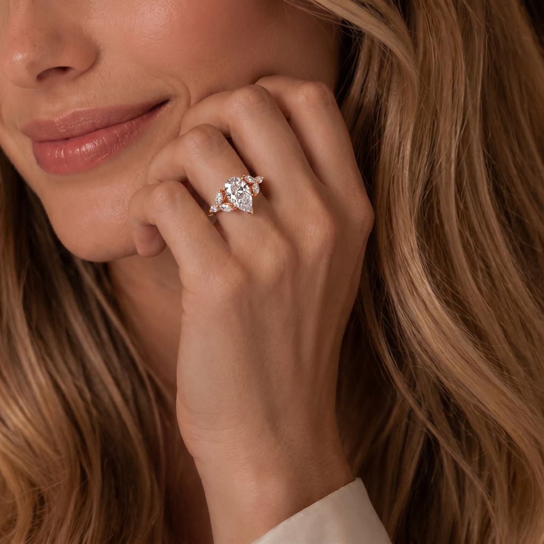 Fernanda Pear Shape Cut Diamond Side stone Engagement Ring - 18K Rose