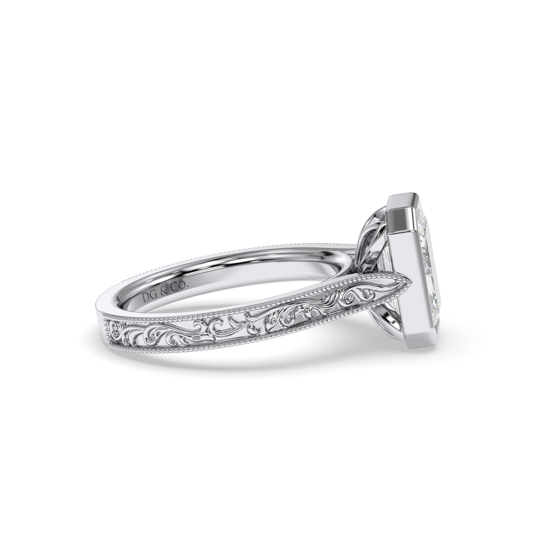 Authentic Cathedral Antique Style Emerald Cut Bezel Set Engraved Diamond Engagement Ring - 18K White
