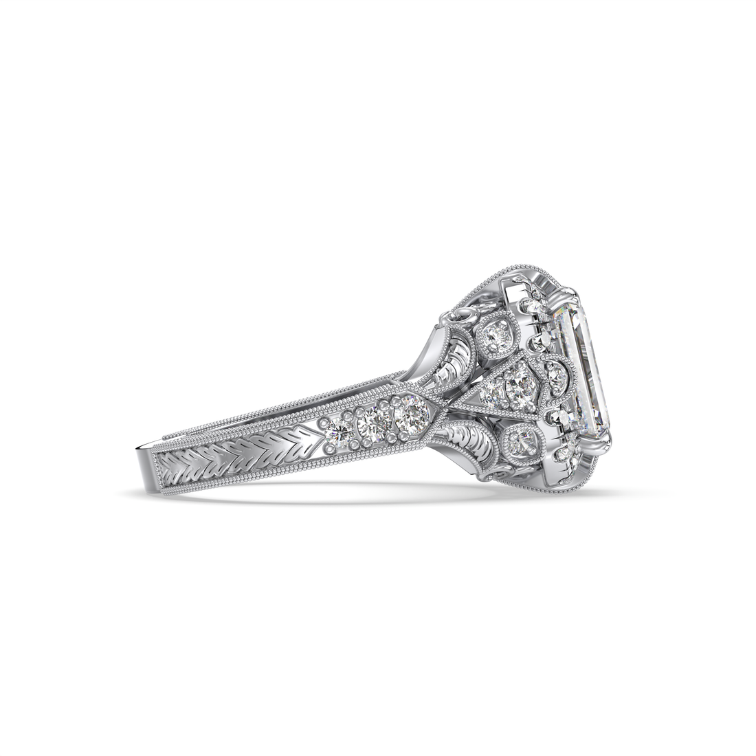 Beatrice Emerald Cut Art Deco Vintage Style Four Claw Setting Filigree work Diamond Engagement Ring - 18K White