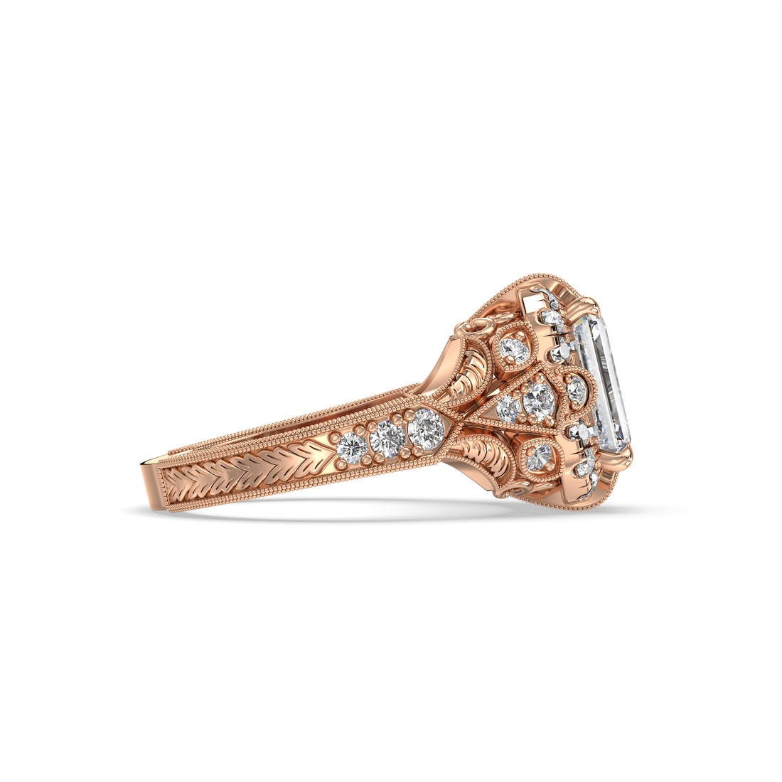 Beatrice Emerald Cut Art Deco Vintage Style Four Claw Setting Filigree work Diamond Engagement Ring - 18K Rose
