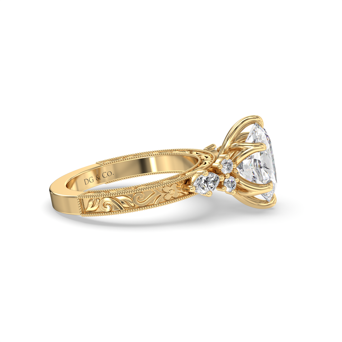 Evangeline Marquise Cut Vintage style engrave with Tulip Six Claw Setting Hand Engraved Diamond engagement Ring - 18K Yellow