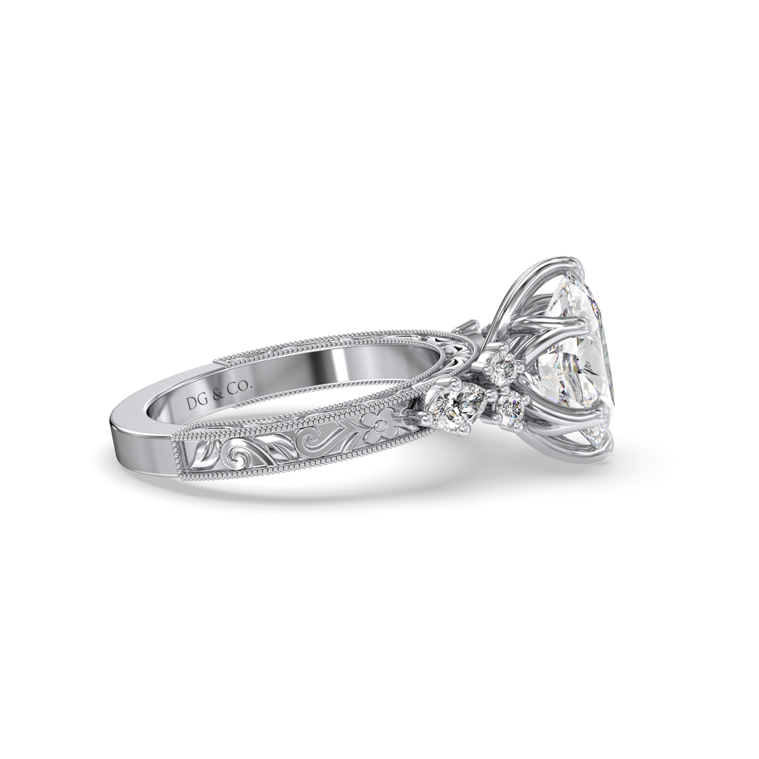 Evangeline Marquise Cut Vintage style engrave with Tulip Six Claw Setting Hand Engraved Diamond engagement Ring - 18K White
