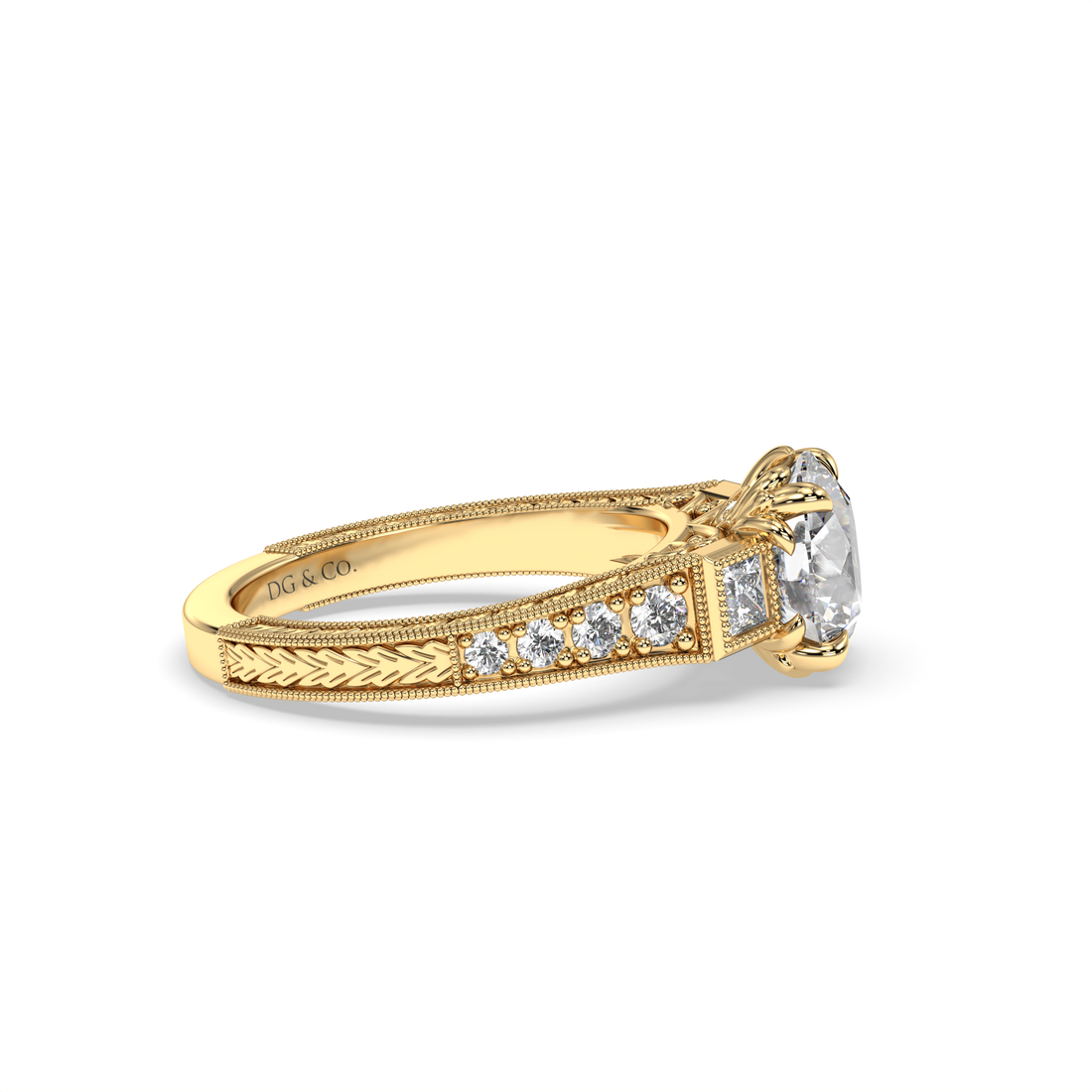 Noor Vintage Trilogy Round Cut Centre stone Princess Cut Milgrain Side stones Setting Diamond Engagement ring - 18K Yellow