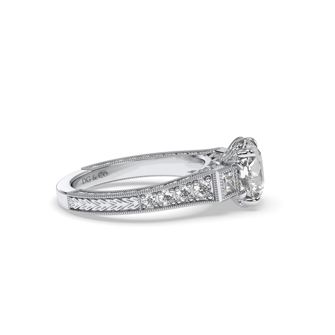 Noor Vintage Trilogy Round Cut Centre stone Princess Cut Milgrain Side stones Setting Diamond Engagement ring - 18K White