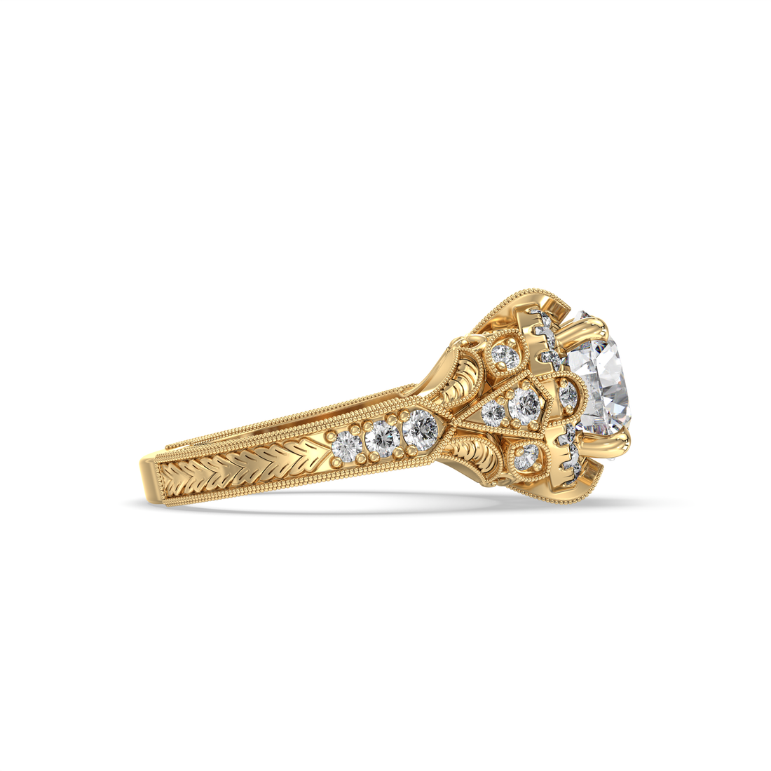 Amira Antique Vintage Style Round Brilliant Cut with Milgrain Filigree engraved Work Diamond Engagement Ring - 18K Yellow