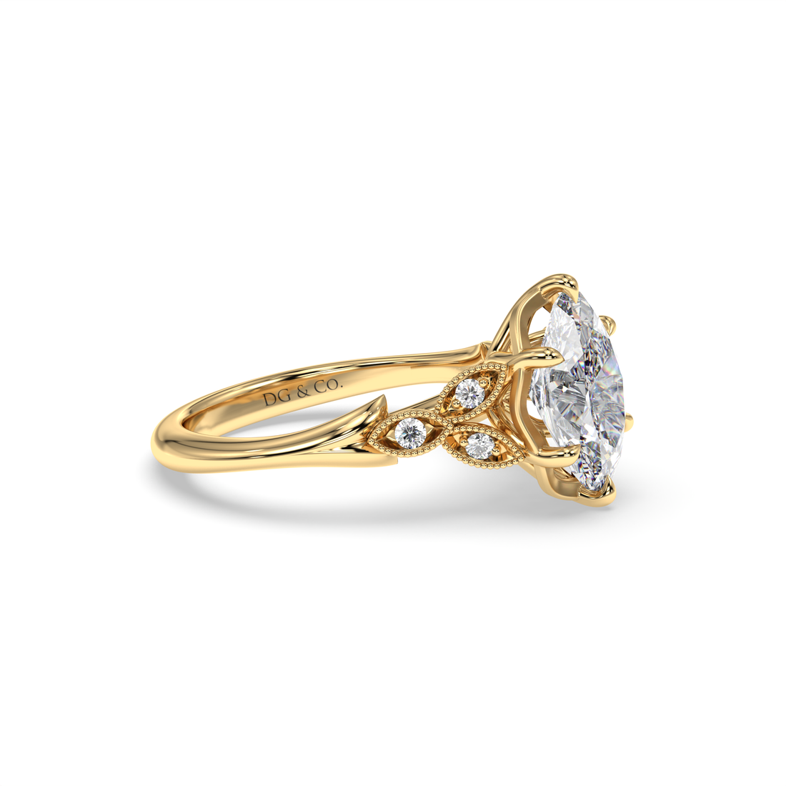 Cait Oval Cut Vintage-Style Sidetones Filigree Work Diamond Engagement Ring - 18K Yellow