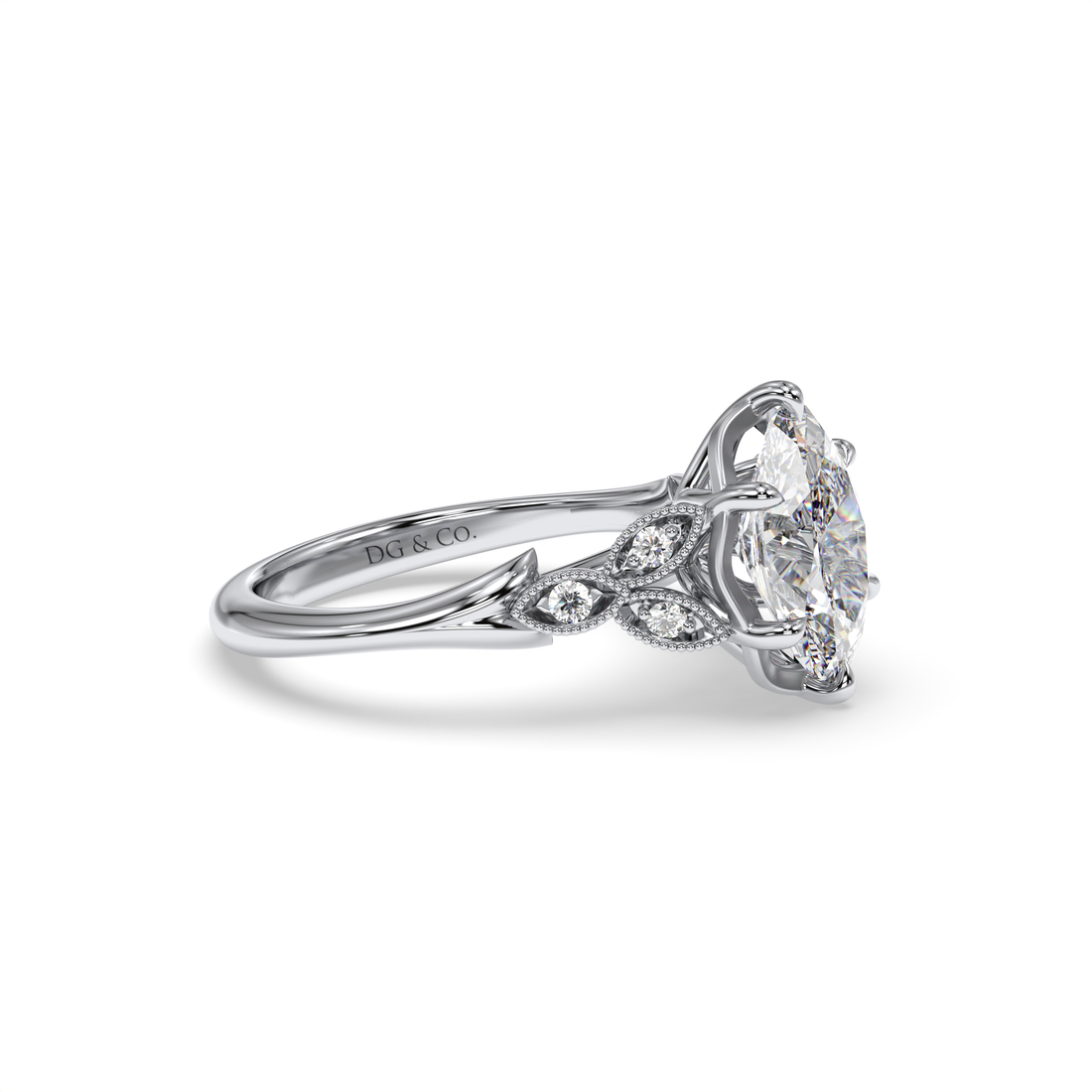 Cait Oval Cut Vintage-Style Sidetones Filigree Work Diamond Engagement Ring - 18K White