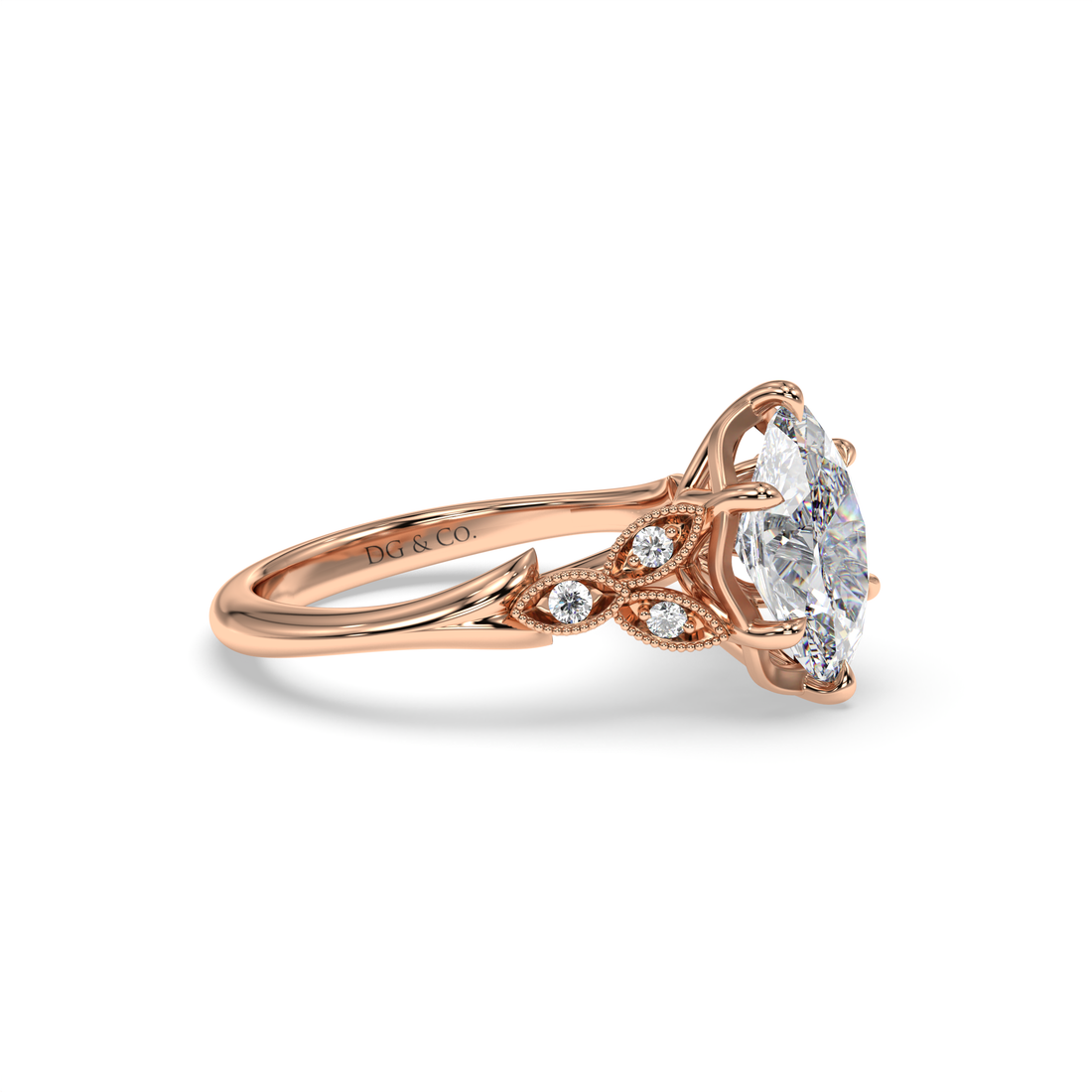 Cait Oval Cut Vintage-Style Sidetones Filigree Work Diamond Engagement Ring - 18K Rose