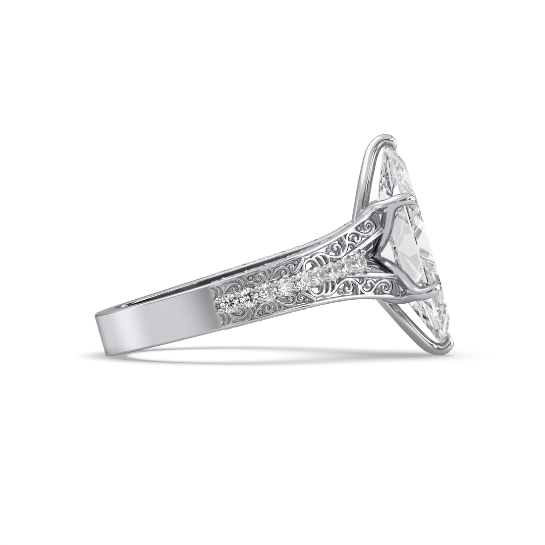 Neel Marquise Cut Vintage Antiques Style Six Claw Share Prong Side Stone Setting Diamond Engagement Ring - 18K White