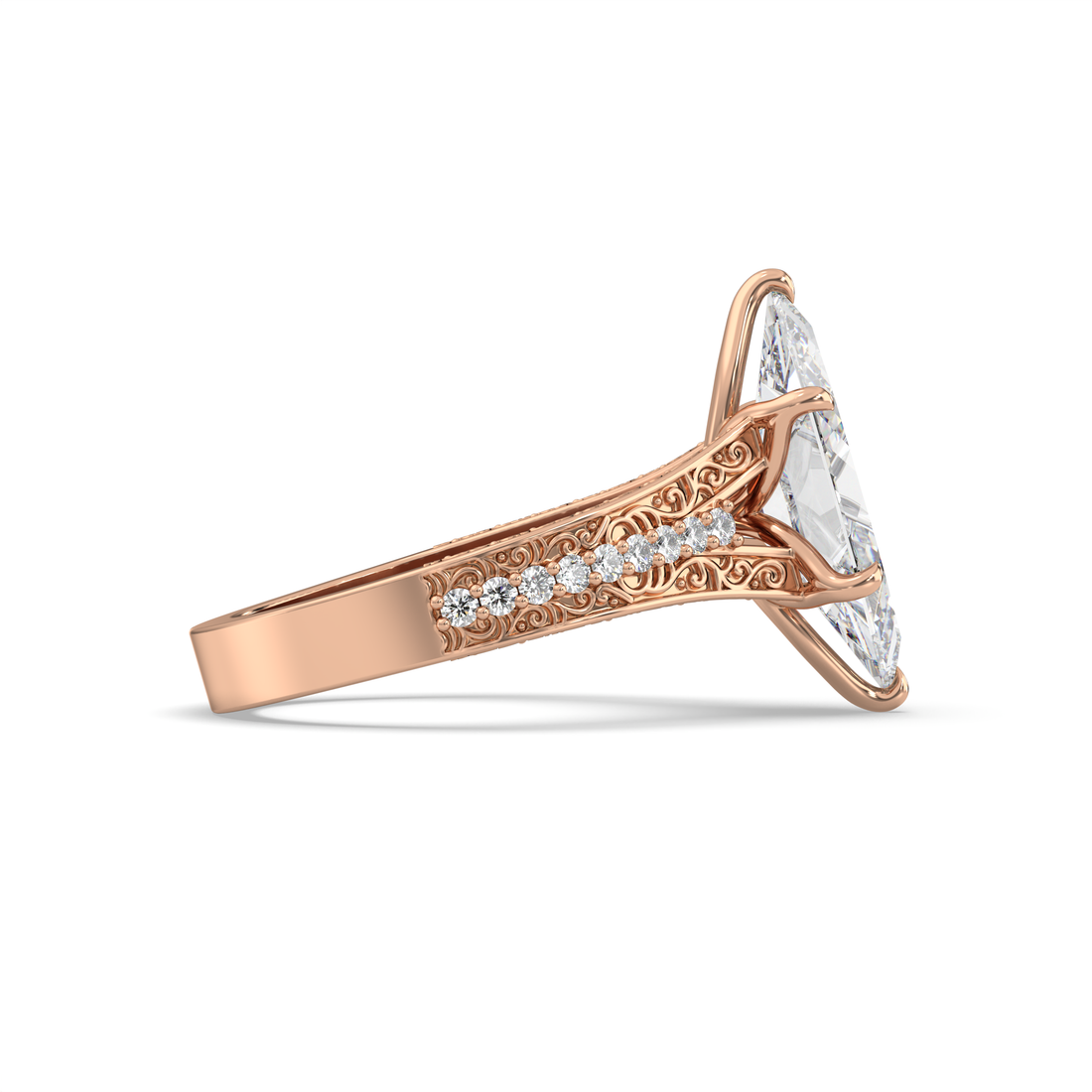 Neel Marquise Cut Vintage Antiques Style Six Claw Share Prong Side Stone Setting Diamond Engagement Ring - 18K Rose