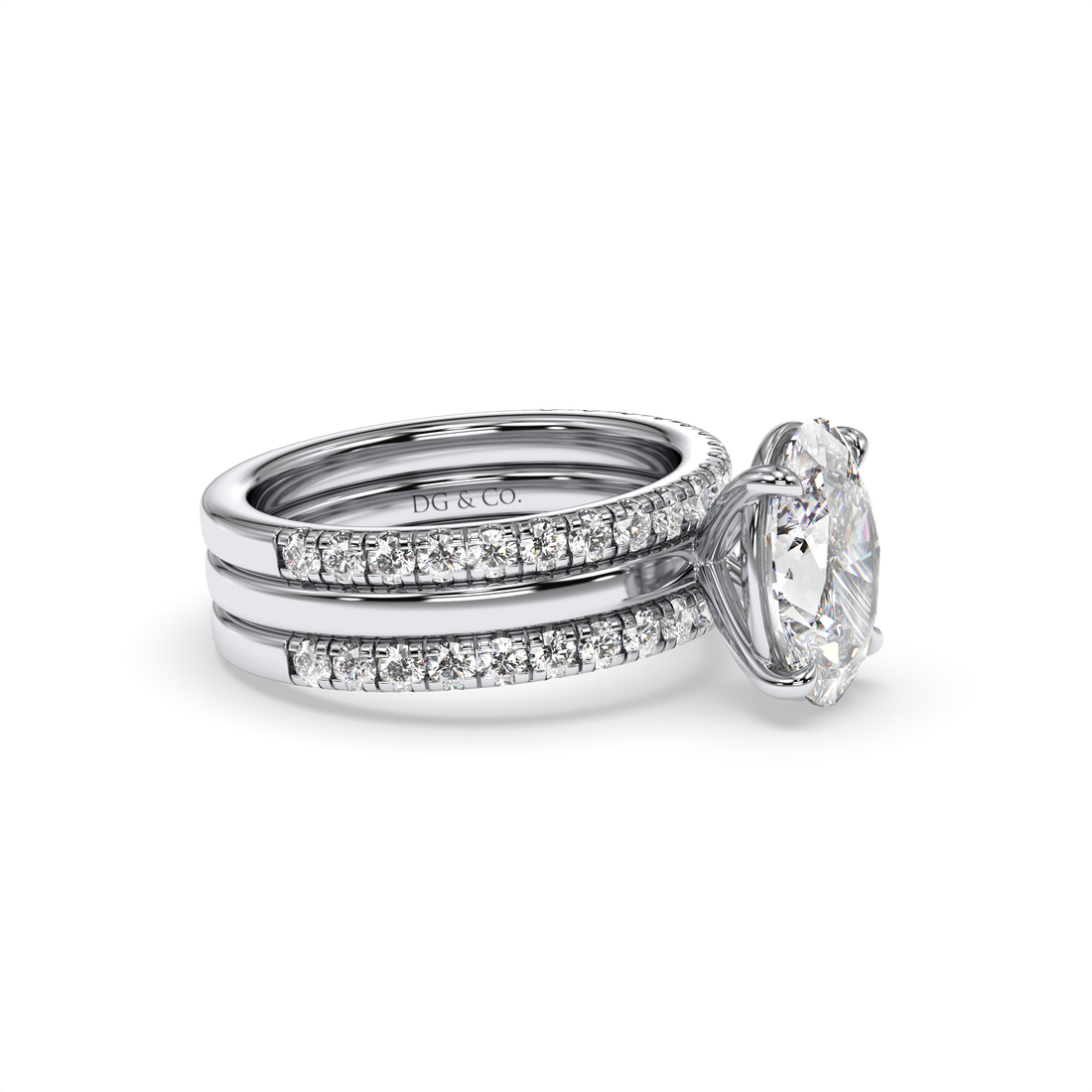 Shonta Oval Cut 3 Bands Pave Setting Diamond Engagement Ring - 18K White