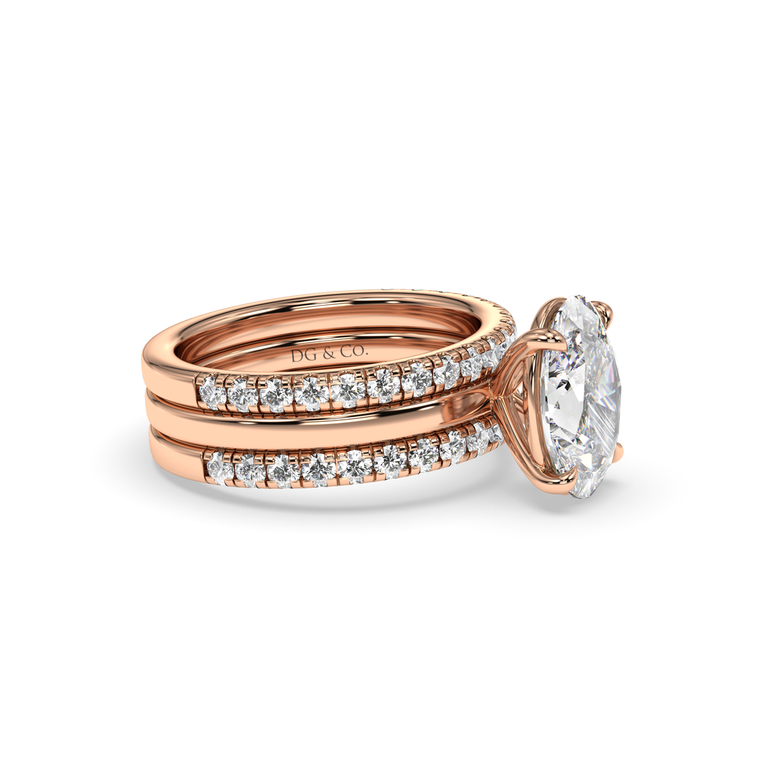 Shonta Oval Cut 3 Bands Pave Setting Diamond Engagement Ring - 18K Rose