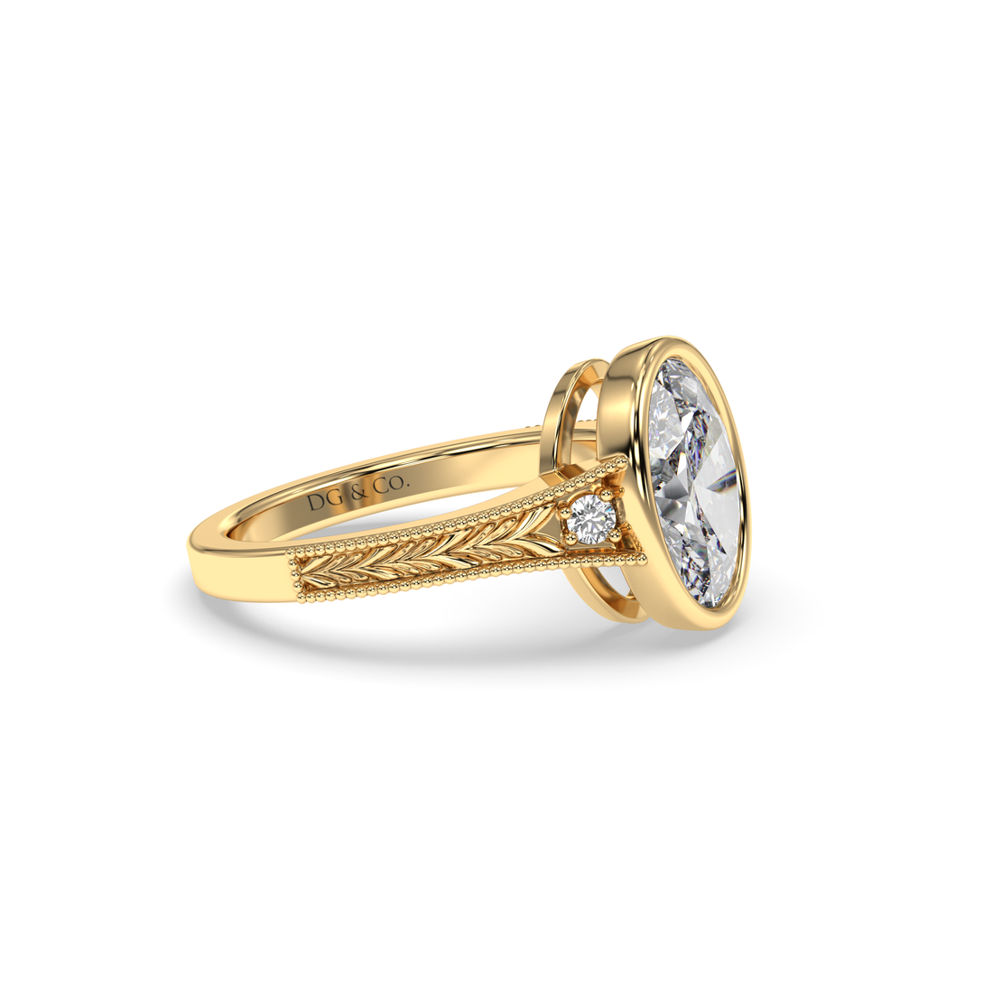 Esmeralda Oval cut Vintage Style Hand-Engraved Three Stone Filigree Work Bezel Setting Diamond Engagement Ring - 18K Yellow