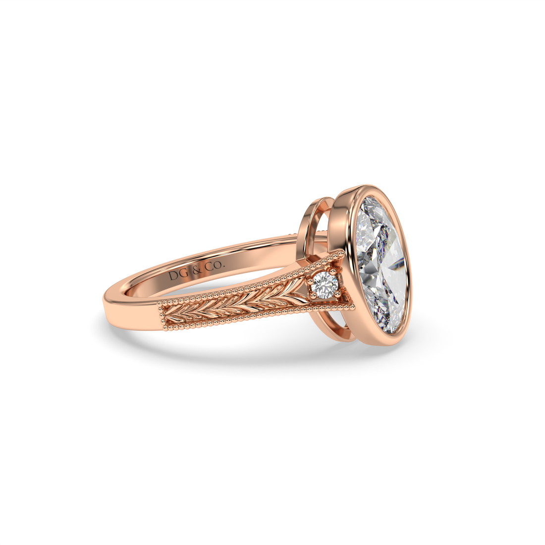 Esmeralda Oval cut Vintage Style Hand-Engraved Three Stone Filigree Work Bezel Setting Diamond Engagement Ring - 18K Rose
