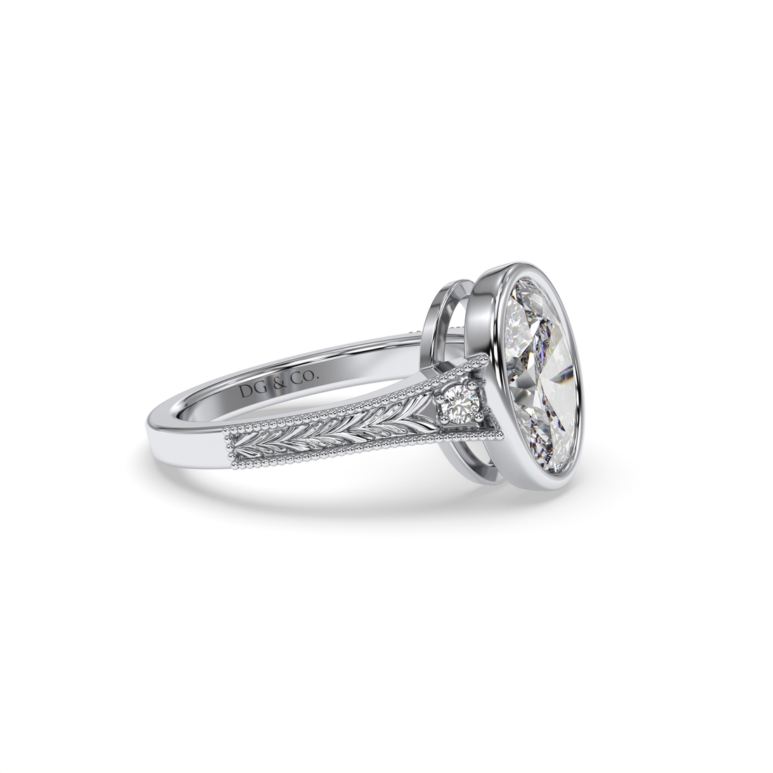 Esmeralda Oval cut Vintage Style Hand-Engraved Three Stone Filigree Work Bezel Setting Diamond Engagement Ring - 18K White