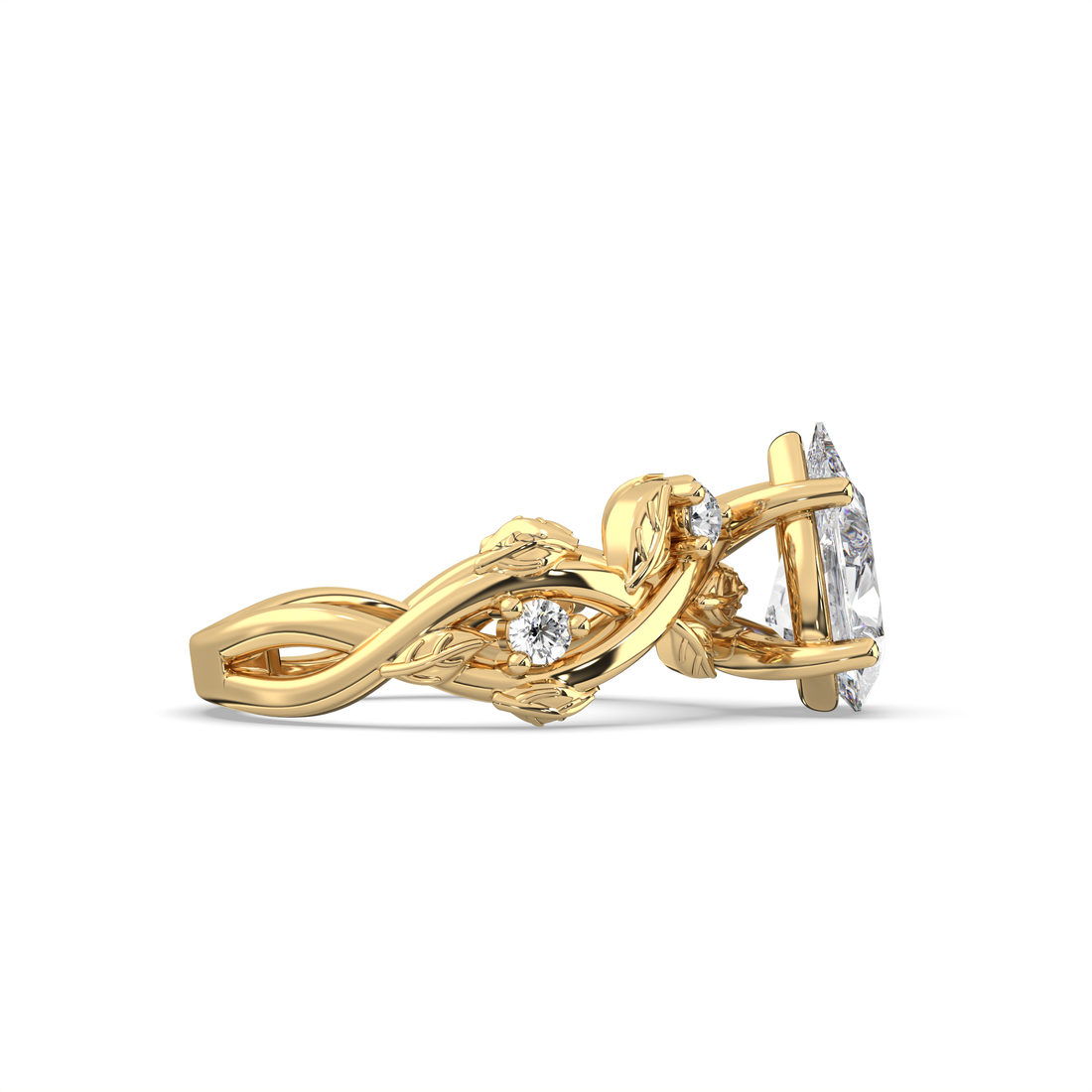 Floral Twist Band with Secret Garden Flowers Pear Shape with four Claw Setting Diamond Engagement Ring - 18K Yellow