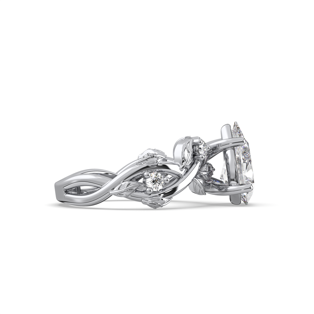 Floral Twist Band with Secret Garden Flowers Pear Shape with four Claw Setting Diamond Engagement Ring - 18K White