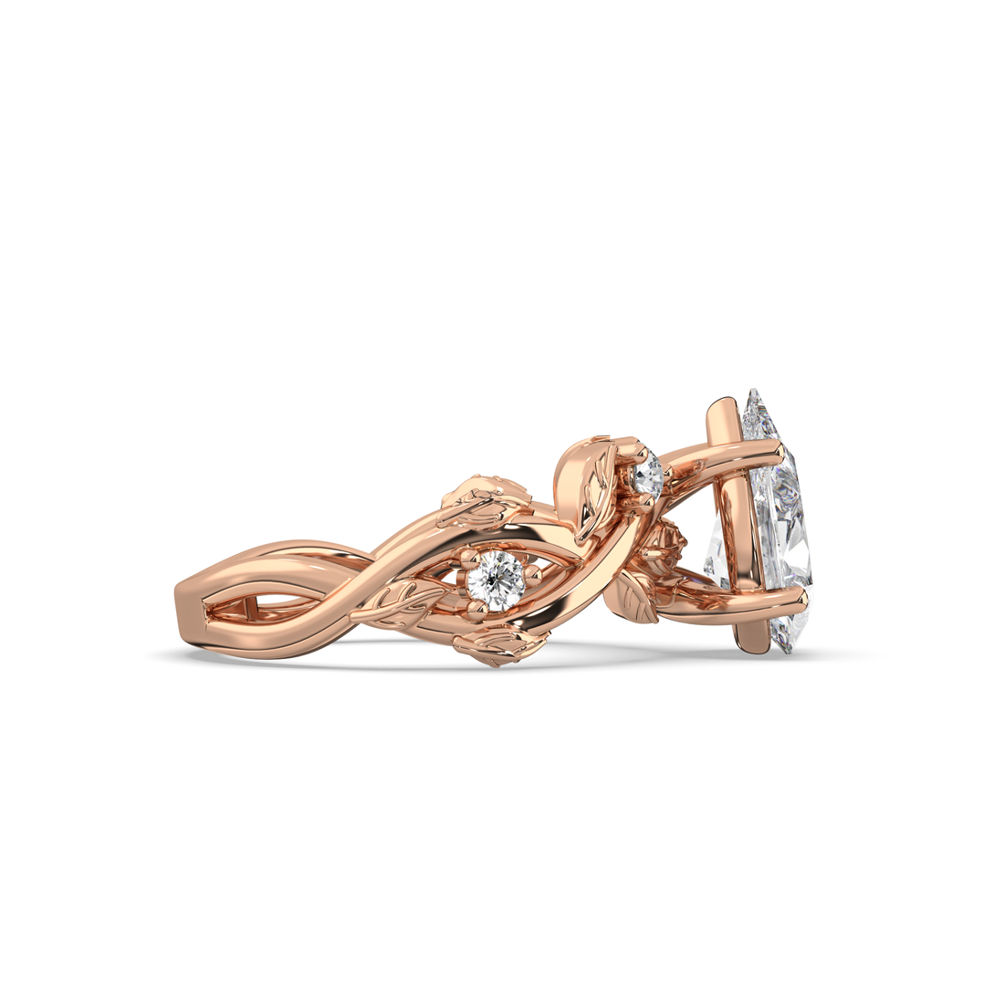 Floral Twist Band with Secret Garden Flowers Pear Shape with four Claw Setting Diamond Engagement Ring - 18K Rose