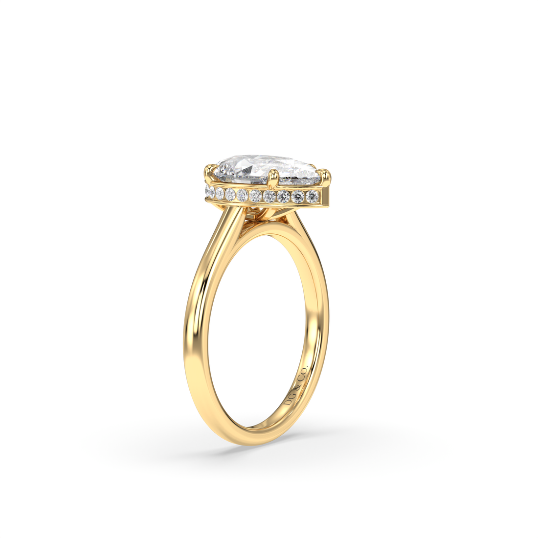 Ballerina Solitaire Pear Cut Hidden Halo Cathedral Style Five Claw Diamond Ring - 18K Yellow