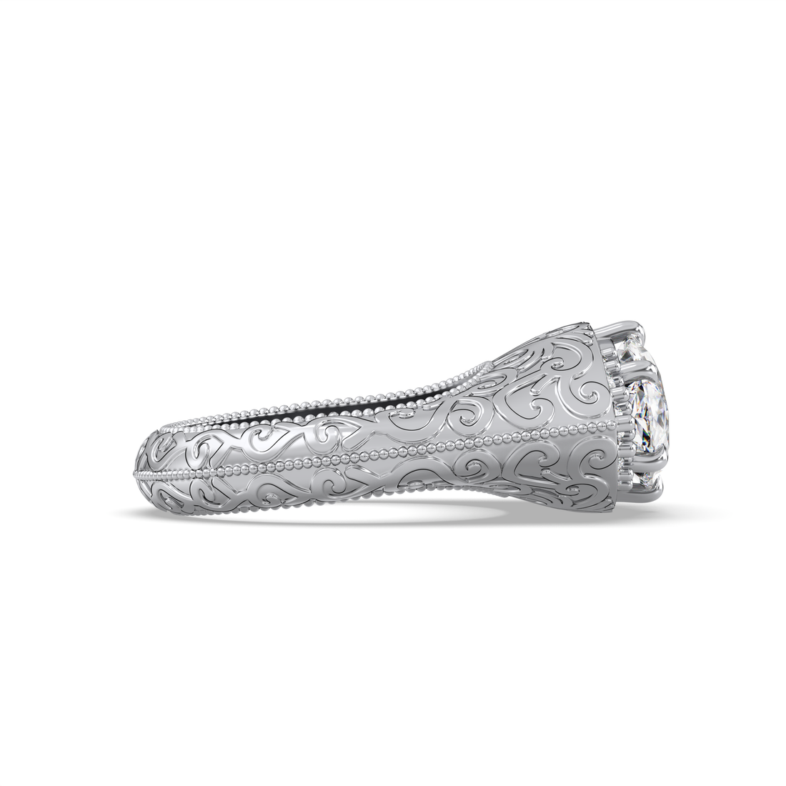 Raquel Halo Marquise East West Six Claws Setting Antique Vintage Engrave Style Diamond Engagement Ring - 18K White