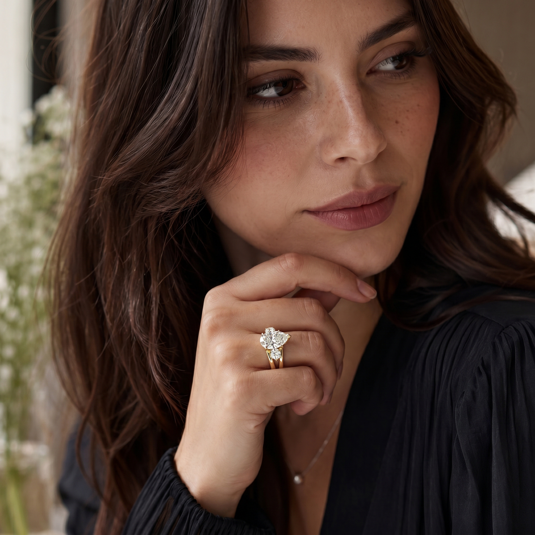 Levi Trilogy Pear Cut Low Setting Split Band Round Cut Side Stones Diamond Engagement Ring - 18K Yellow