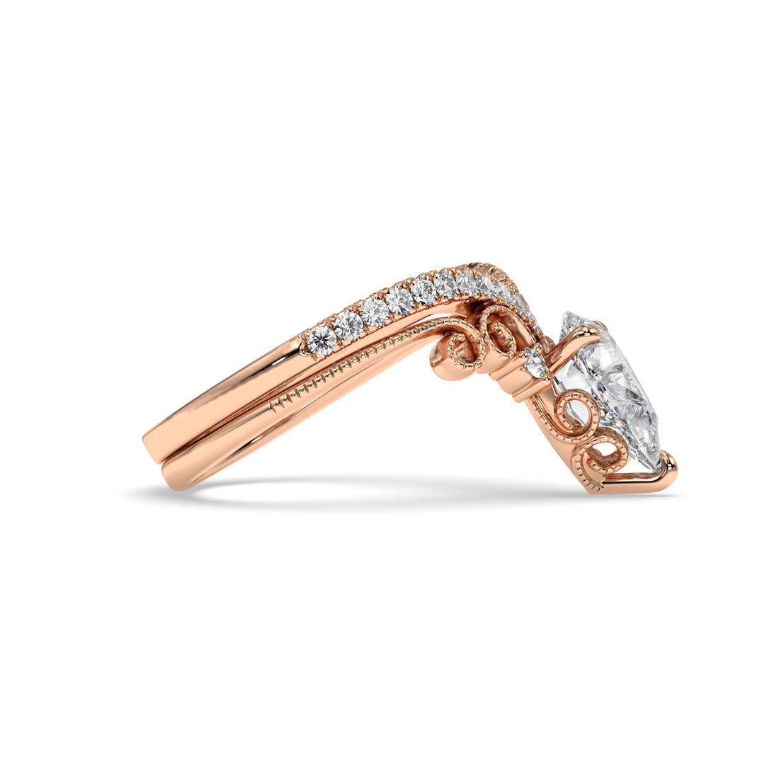Crown Pear Cut Antique Style Milgrain Double Band Pave Setting Diamond Engagement Ring - 18K Rose