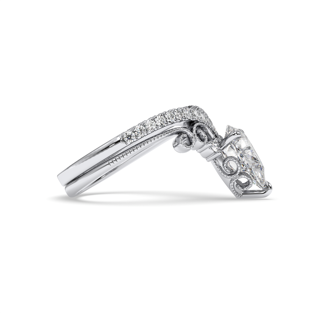 Crown Pear Cut Antique Style Milgrain Double Band Pave Setting Diamond Engagement Ring - 18K White