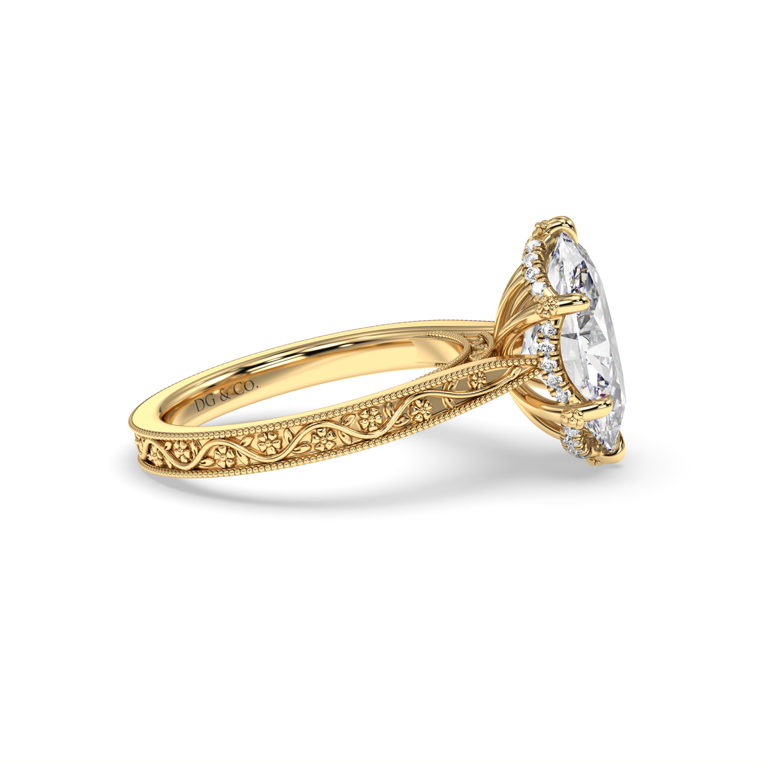 Larosa Oval Cut Antique Floral Style Hidden Wave Halo Cathedral Engraved Diamond Engagement Ring - 18K Yellow