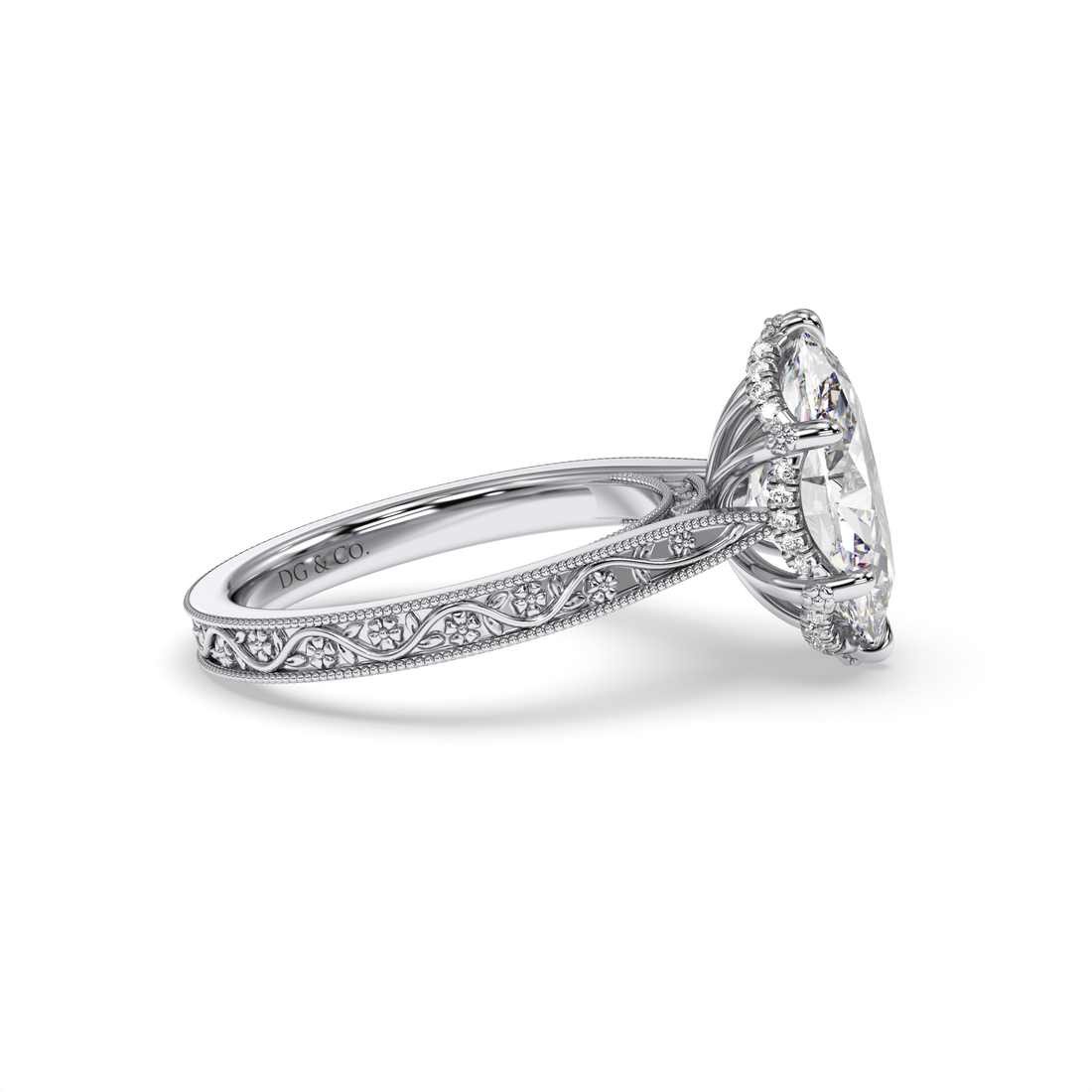 Larosa Oval Cut Antique Floral Style Hidden Wave Halo Cathedral Engraved Diamond Engagement Ring - 18K White