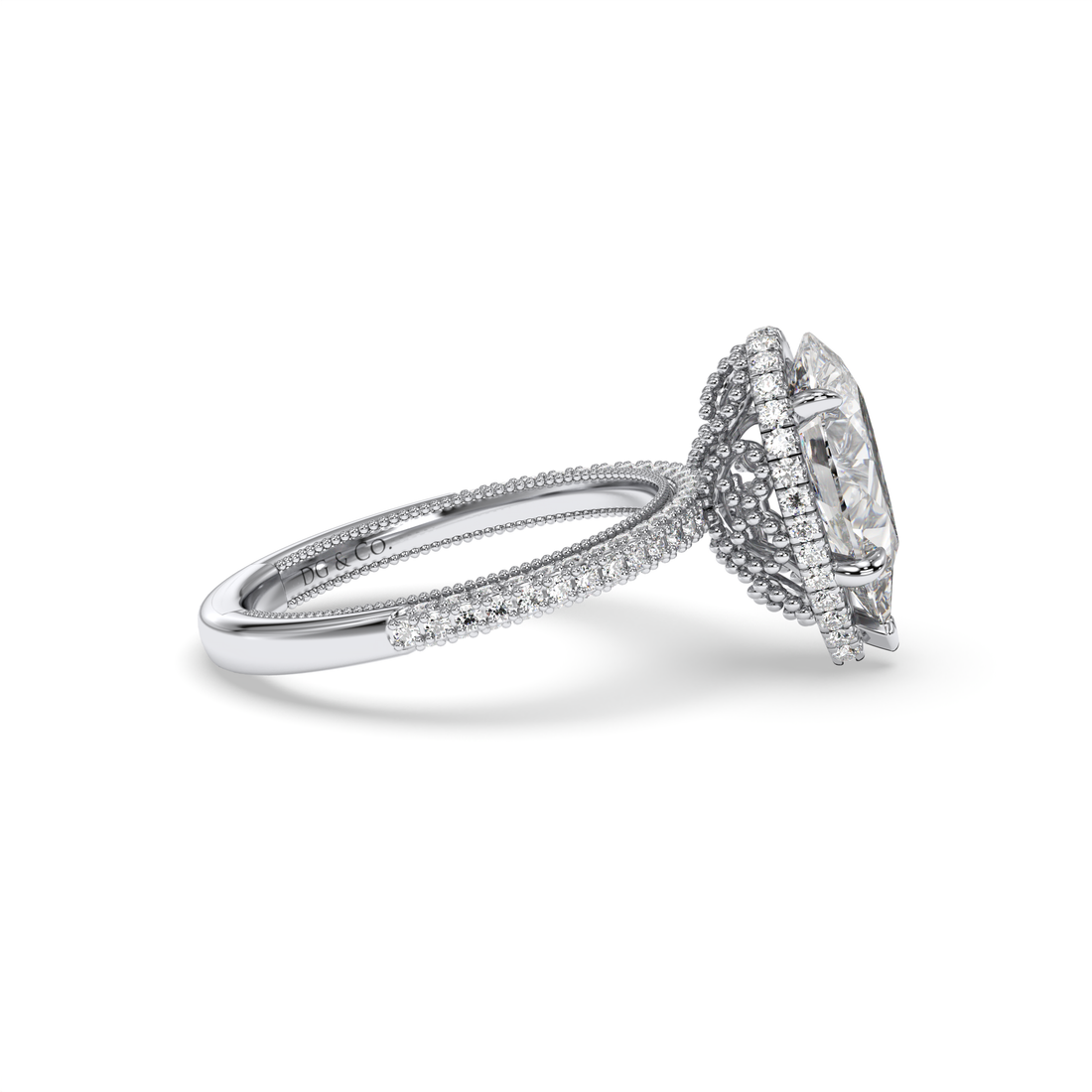 Rasha Antique Style Pear Shape Hidden Halo Pave Setting Side stones Diamond Ring - 18K White