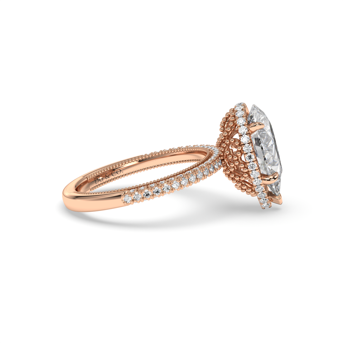 Rasha Antique Style Pear Shape Hidden Halo Pave Setting Side stones Diamond Ring - 18K Rose