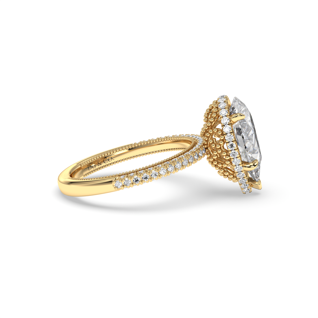 Rasha Antique Style Pear Shape Hidden Halo Pave Setting Side stones Diamond Ring - 18K Yellow