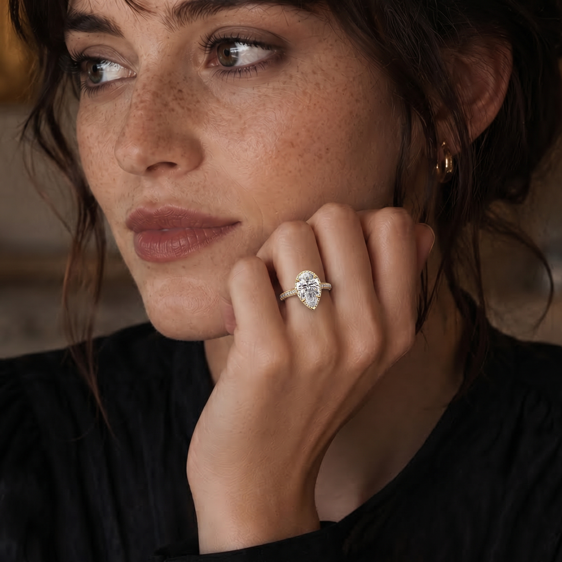 Rasha Antique Style Pear Shape Hidden Halo Pave Setting Side stones Diamond Ring - 18K Yellow