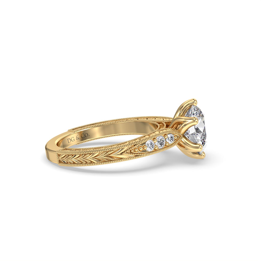 Deco Round Cut Antique Style Hand Engraved Tulip Six Claw Setting Engagement Ring - 18K Yellow