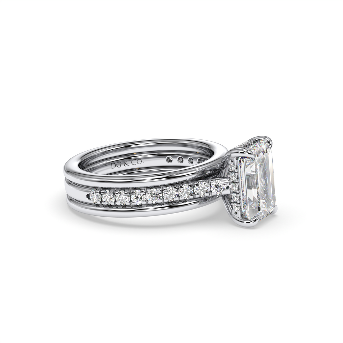 Saskia Emerald Cut Hidden Halo 3 Bands Comfort Fit Pave Setting side stone Diamond Engagement Ring - 18K White