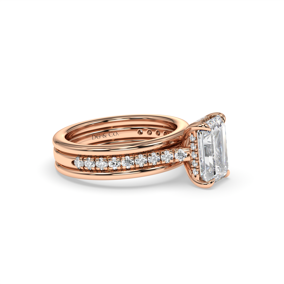 Saskia Emerald Cut Hidden Halo 3 Bands Comfort Fit Pave Setting side stone Diamond Engagement Ring - 18K Rose