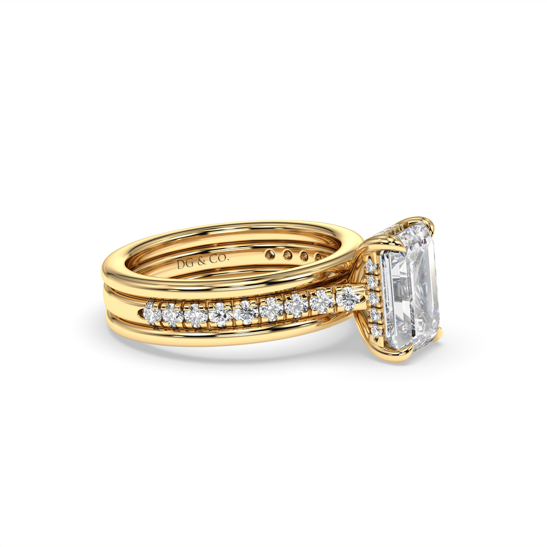 Saskia Emerald Cut Hidden Halo 3 Bands Comfort Fit Pave Setting side stone Diamond Engagement Ring - 18K Yellow