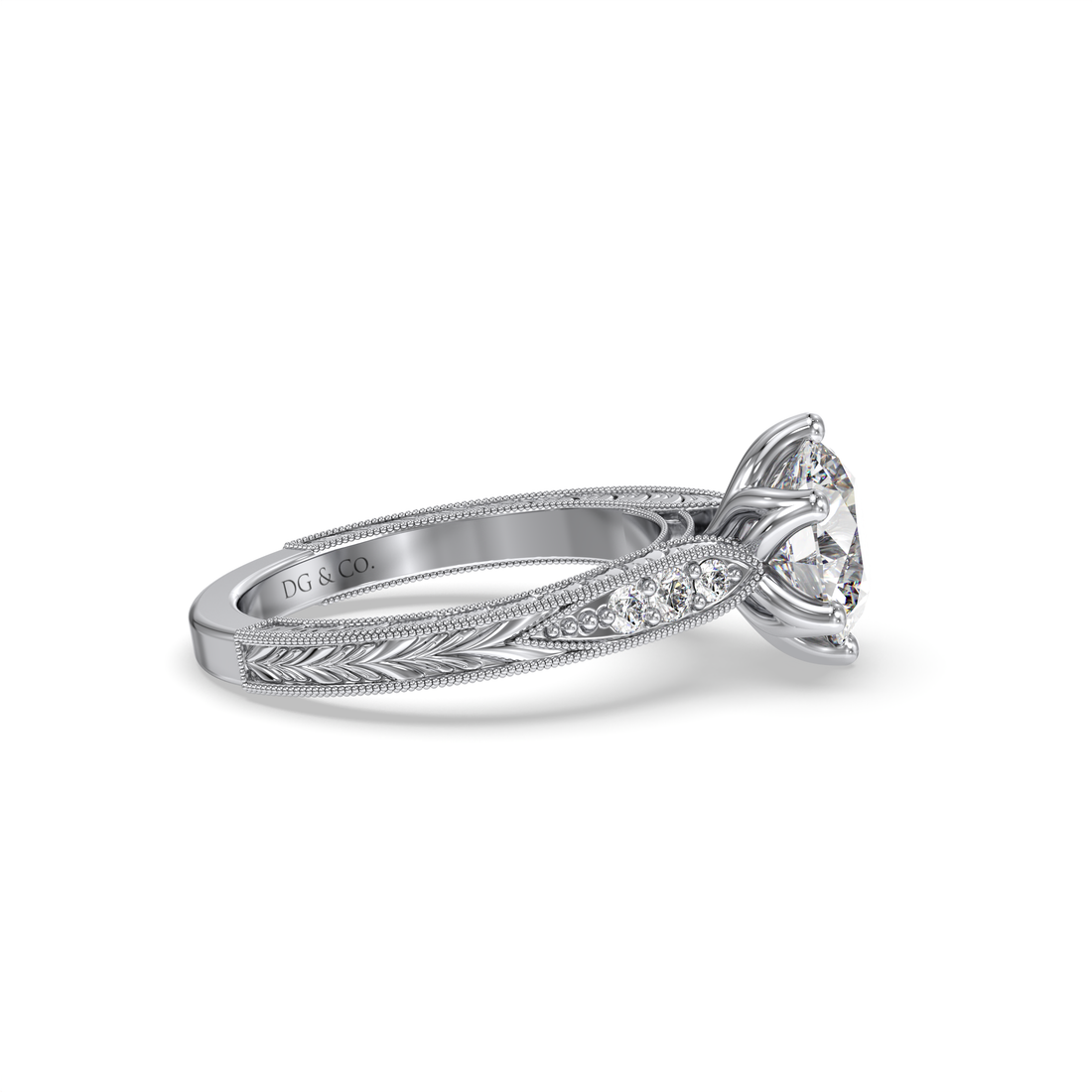 Deco Round Cut Antique Style Hand Engraved Tulip Six Claw Setting Engagement Ring - 18K White
