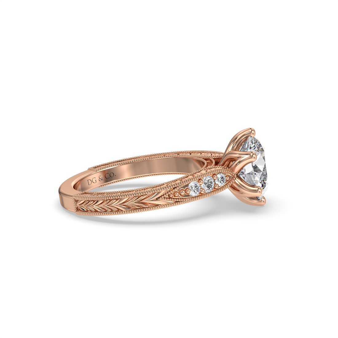 Deco Round Cut Antique Style Hand Engraved Tulip Six Claw Setting Engagement Ring - 18K Rose