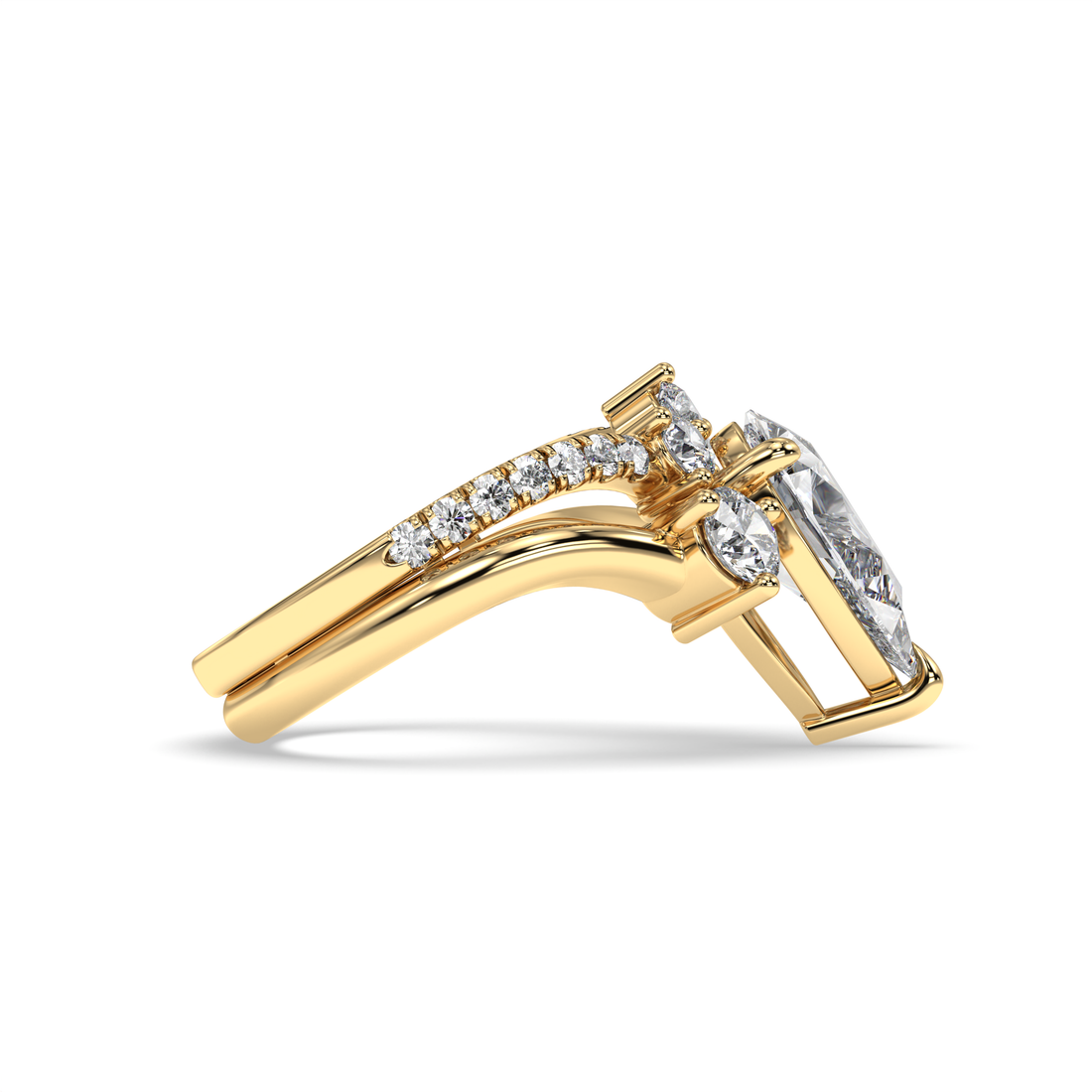 Narin Pear Cut Trilogy Pave Setting Side Stones Diamond Engagement Ring - 18K Yellow