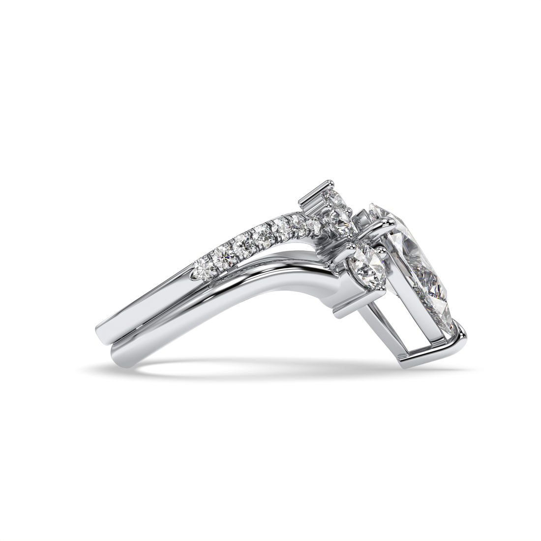 Narin Pear Cut Trilogy Pave Setting Side Stones Diamond Engagement Ring - 18K White
