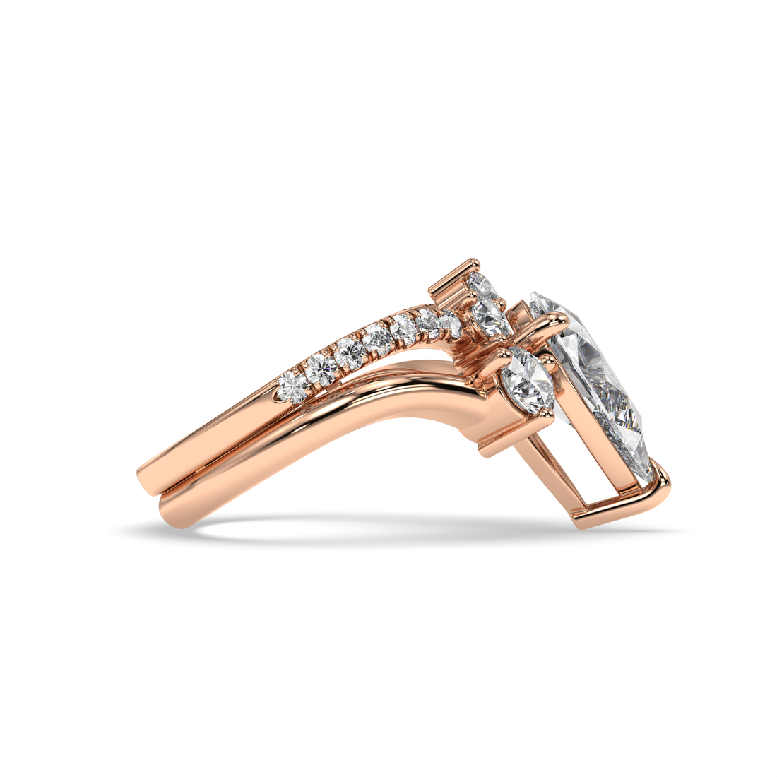 Narin Pear Cut Trilogy Pave Setting Side Stones Diamond Engagement Ring - 18K Rose