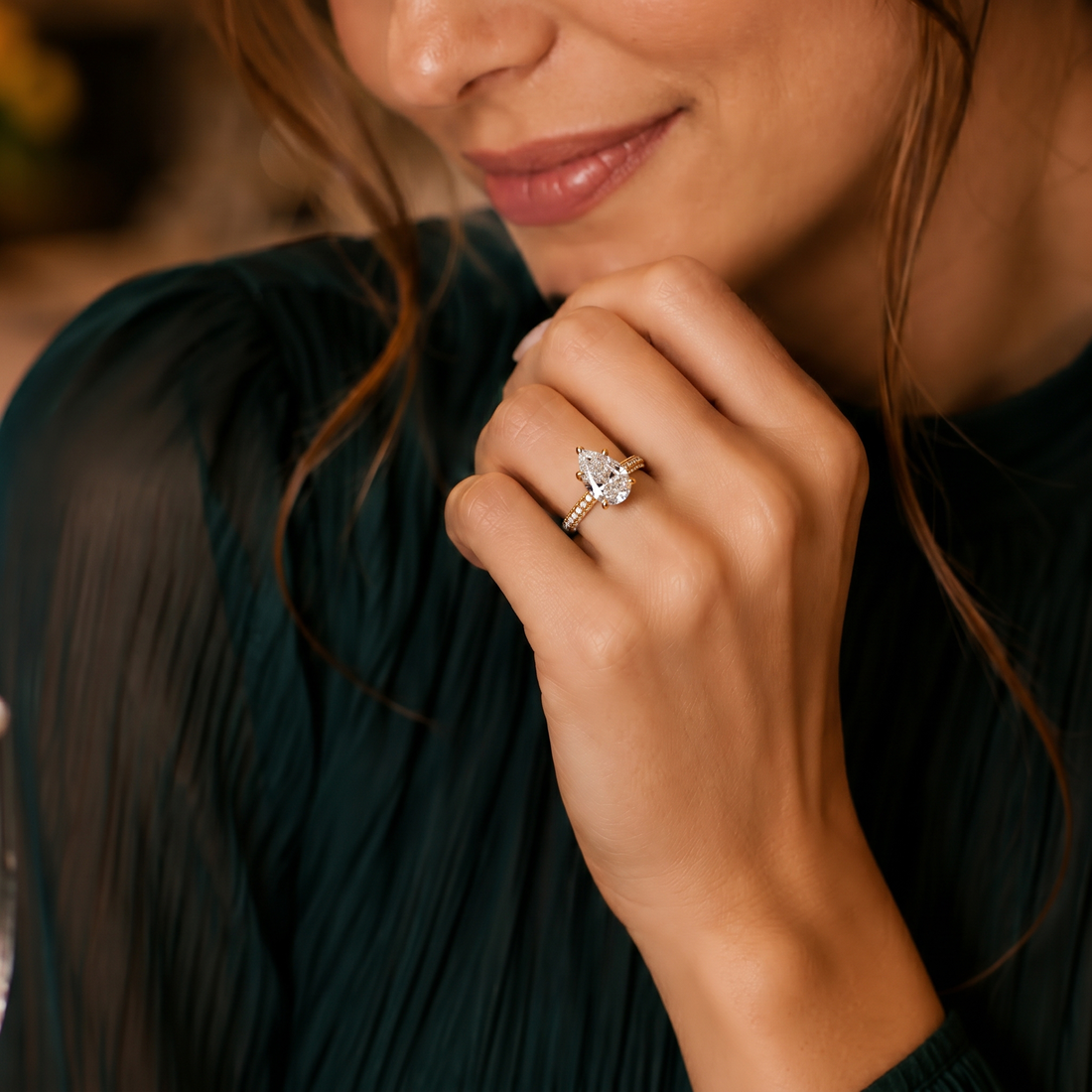 Leonora Pear Cut Hidden Halo Pave Setting Diamond Engagement Ring - 18K Yellow